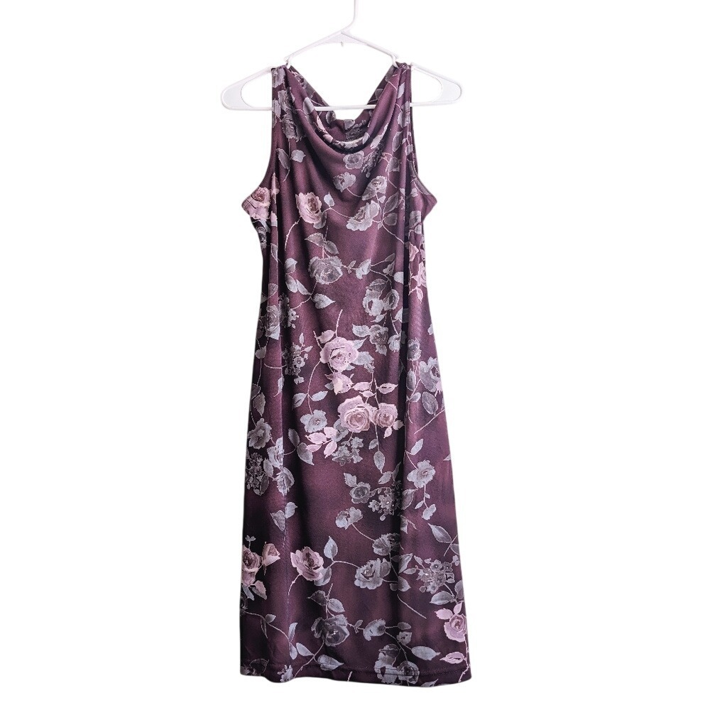 Vintage 90s Whimsigoth Practical Magic Plum Floral Cowl Neck Midi Dress